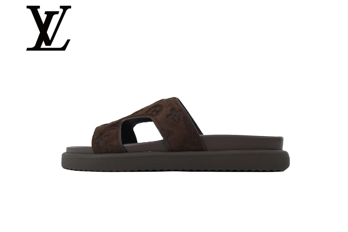 Dark Brown Monogram-Pattern Slide Sandals | Sizes 38–46