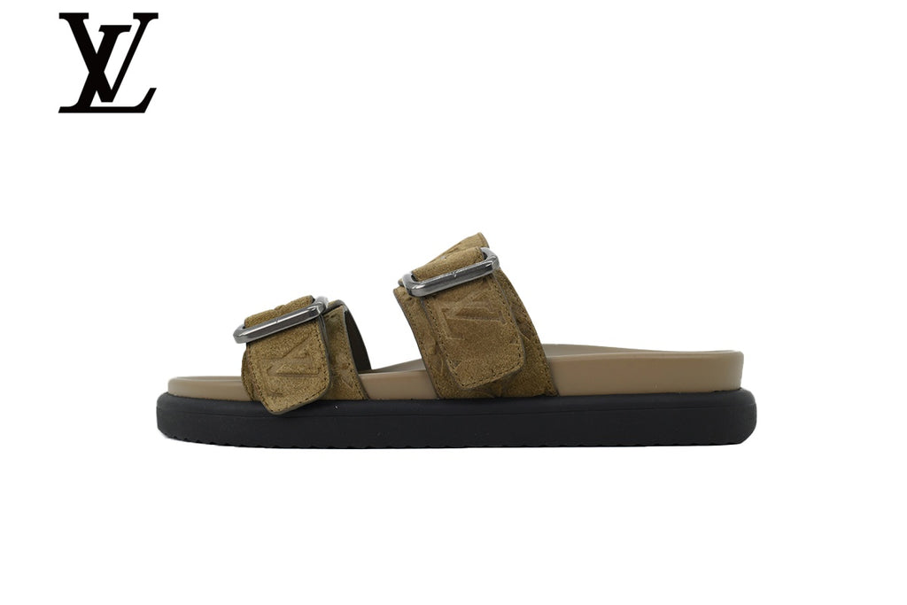 Khaki Monogram-Pattern Suede-Look Double-Strap Slides | Sizes 35–46