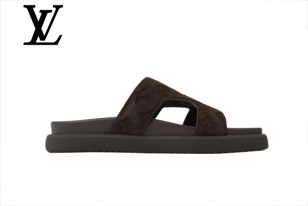 Dark Brown Monogram-Pattern Slide Sandals | Sizes 38–46