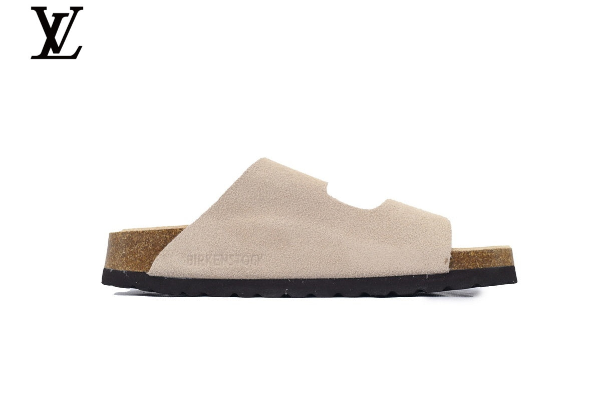Birkenstock Slide Sandal in Off-White Suede with Double Buckle and Cork Footbed