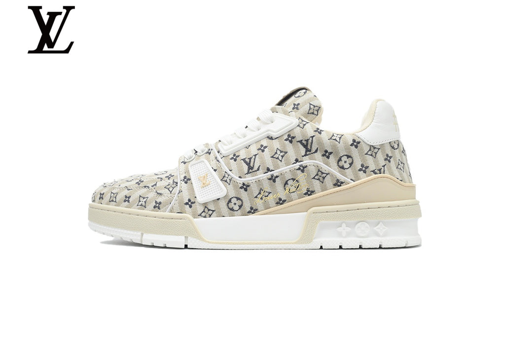 Louis Vuitton Low Top Trainer – Beige Monogram Striped Fabric & Gold Logo