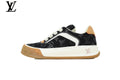 Louis Vuitton Low Top Sneaker in Black Monogram Canvas with White Leather Trim and Gum Sole