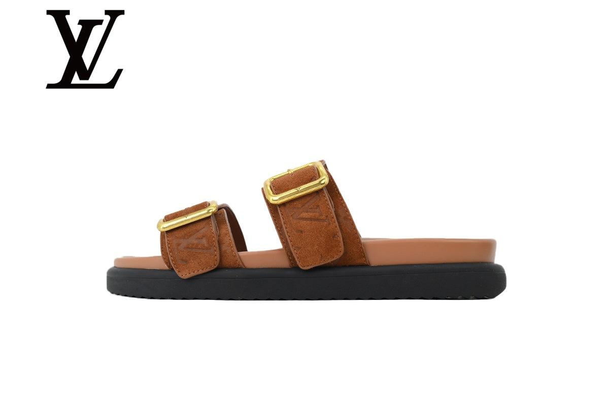 Brown Monogram-Pattern Double-Buckle Slide Sandals | Sizes 38–46