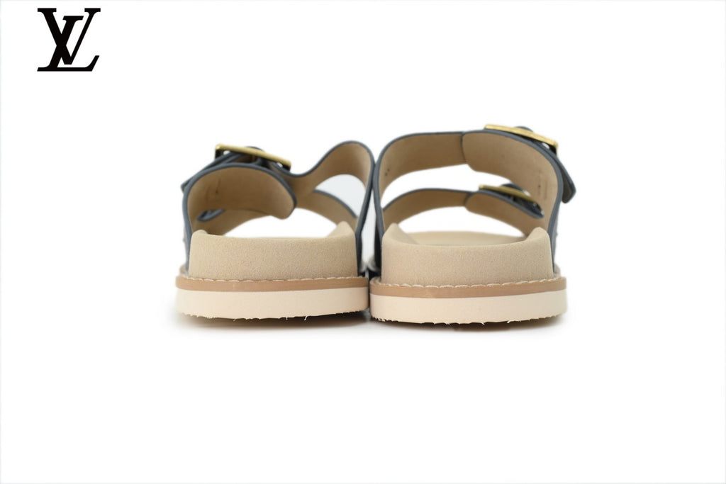 Louis Vuitton Slide Sandal in Grey-Blue Suede with Double Gold Buckle