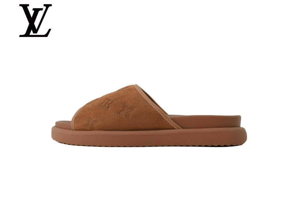 Brown Monogram-Pattern Nubuck-Look Slides | Sizes 35–46