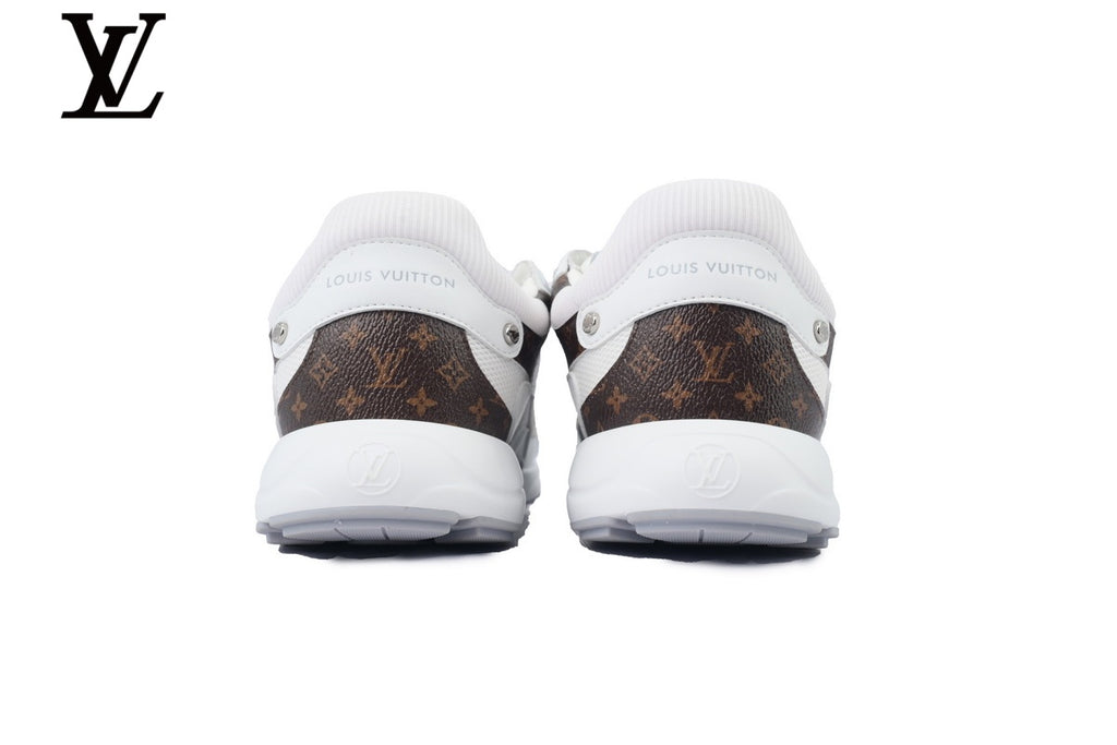 Louis Vuitton Low Top Sneaker – White Mesh & Leather with Monogram Panel & Grey Outsole
