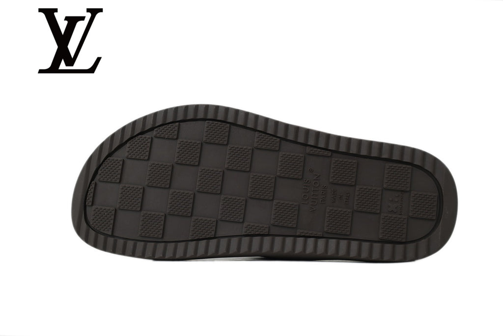 Dark Brown Monogram-Pattern Slide Sandals | Sizes 38–46