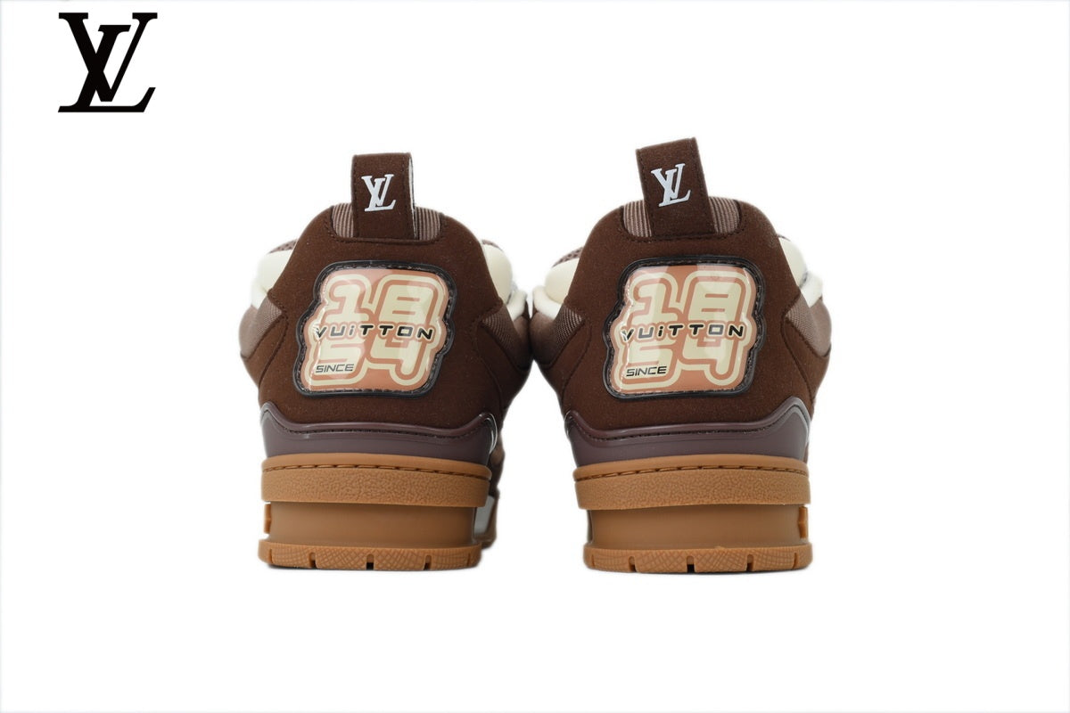 Louis Vuitton Trainer Sneaker – Brown Suede & Mesh with White & Gum Sole