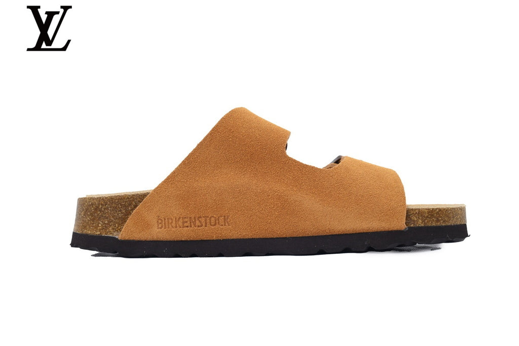 Birkenstock Slide Sandal in Tan Suede with Double Buckle and Cork Footbed
