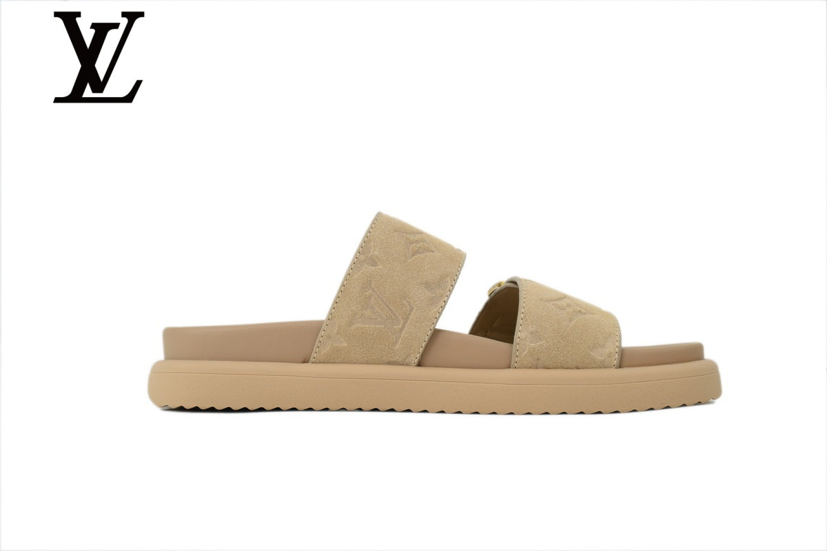 Beige Monogram-Pattern Suede-Look Double-Strap Slides | Sizes 35–46