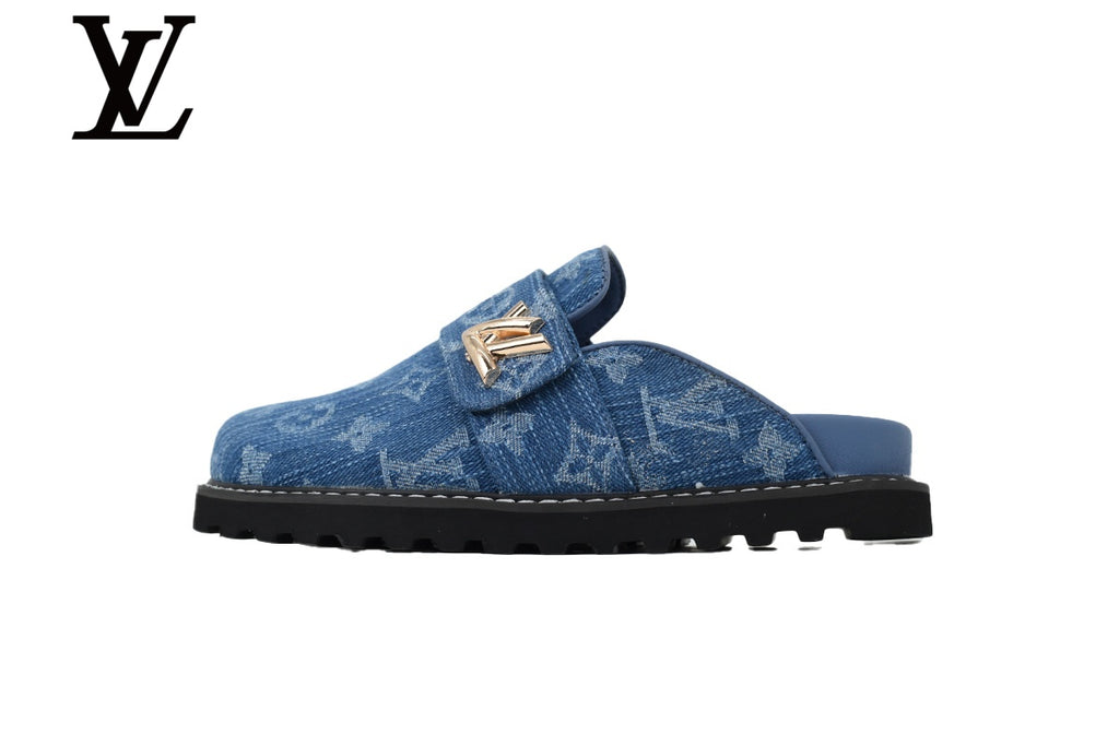 Blue Monogram-Pattern Denim Mules | Sizes 35–46
