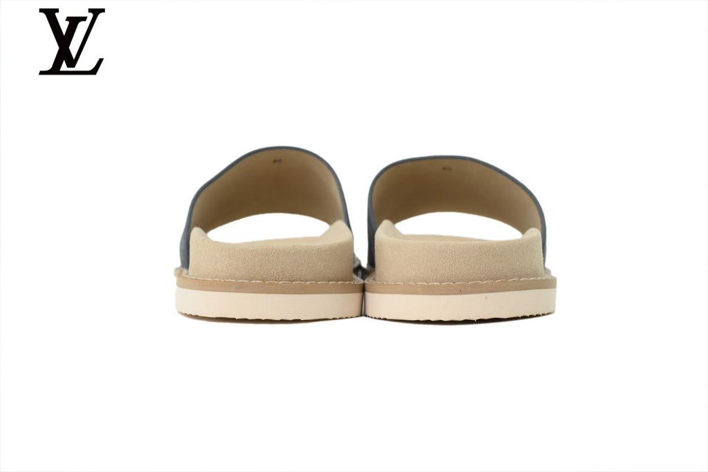 Louis Vuitton Single Strap Slide Sandal – Dark Grey Suede Leather & Beige Footbed