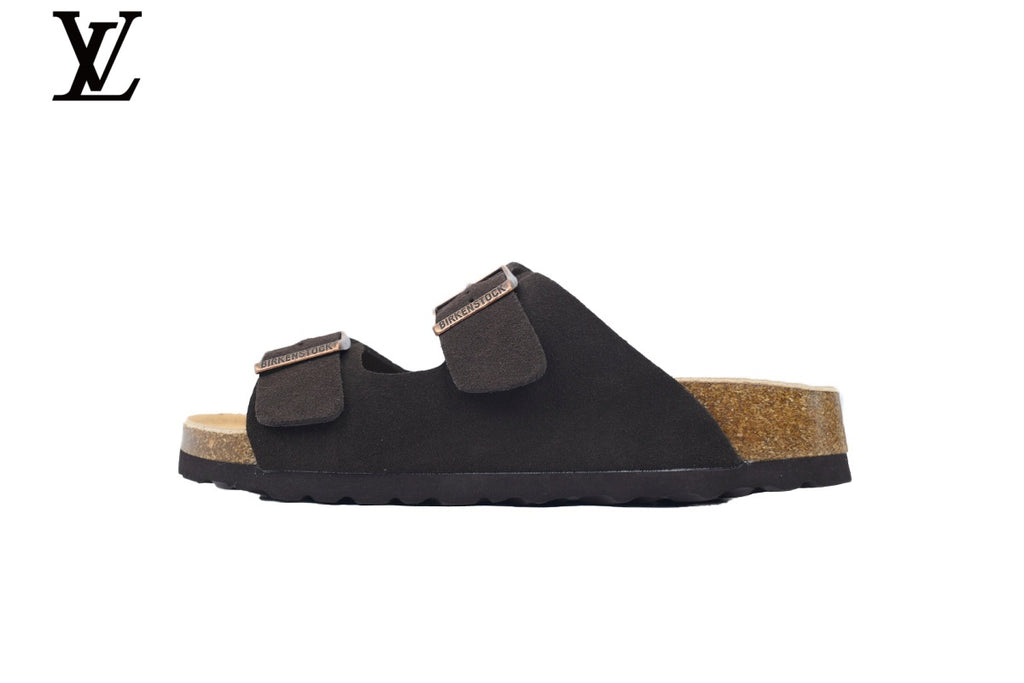 Birkenstock Slide Sandal in Dark Coffee Suede with Double Buckle and Cork Footbed