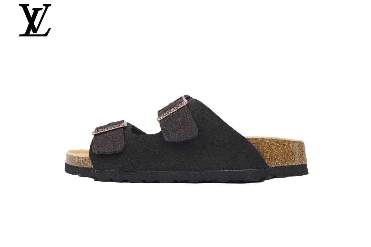 Birkenstock Slide Sandal in Dark Coffee Suede with Double Buckle and Cork Footbed