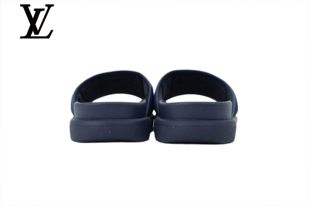 Navy Blue Monogram-Pattern Denim-Look Slides | Sizes 35–46