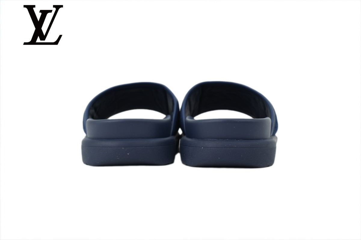Navy Blue Monogram-Pattern Denim-Look Slides | Sizes 35–46