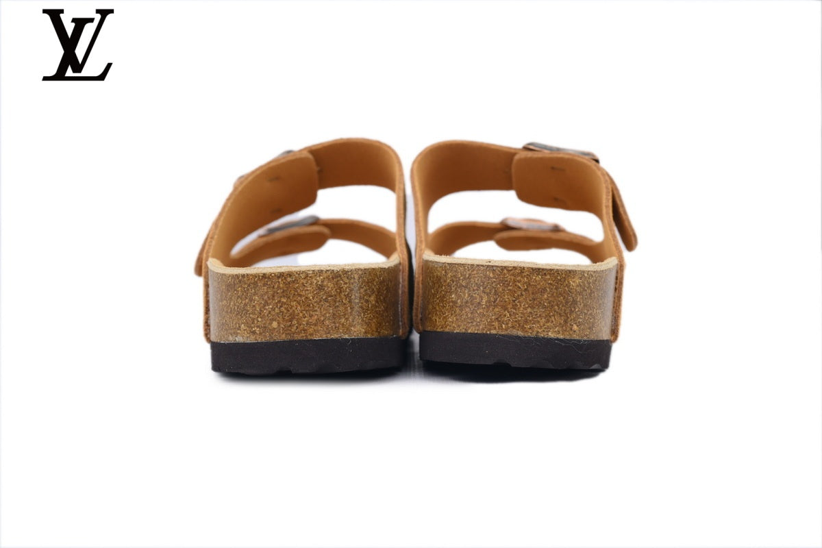 Birkenstock Slide Sandal in Tan Suede with Double Buckle and Cork Footbed