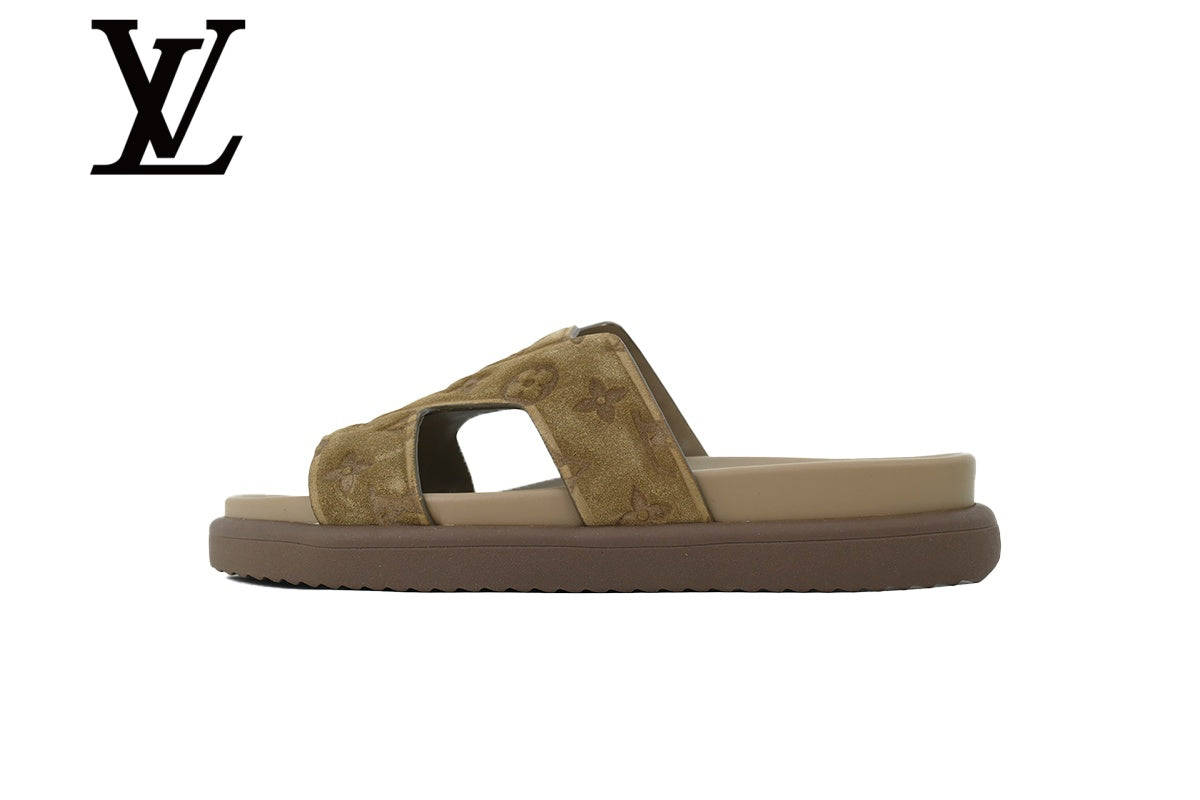 Khaki Monogram-Pattern Slide Sandals | Sizes 38–46