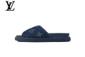 Navy Blue Monogram-Pattern Denim-Look Slides | Sizes 35–46