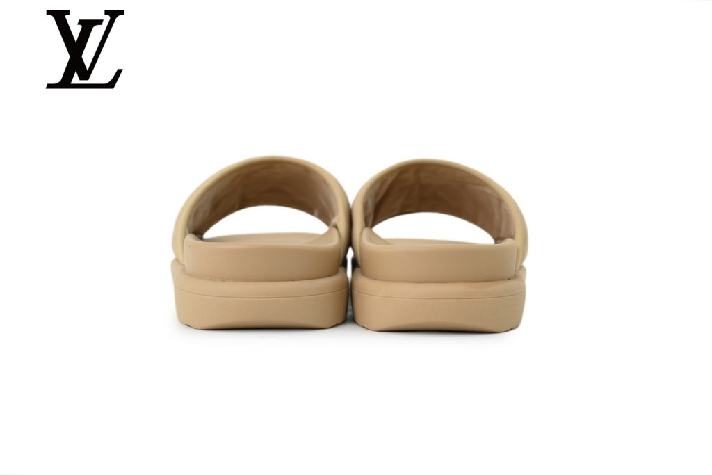 Beige Monogram-Pattern Nubuck-Look Slides | Sizes 35–46