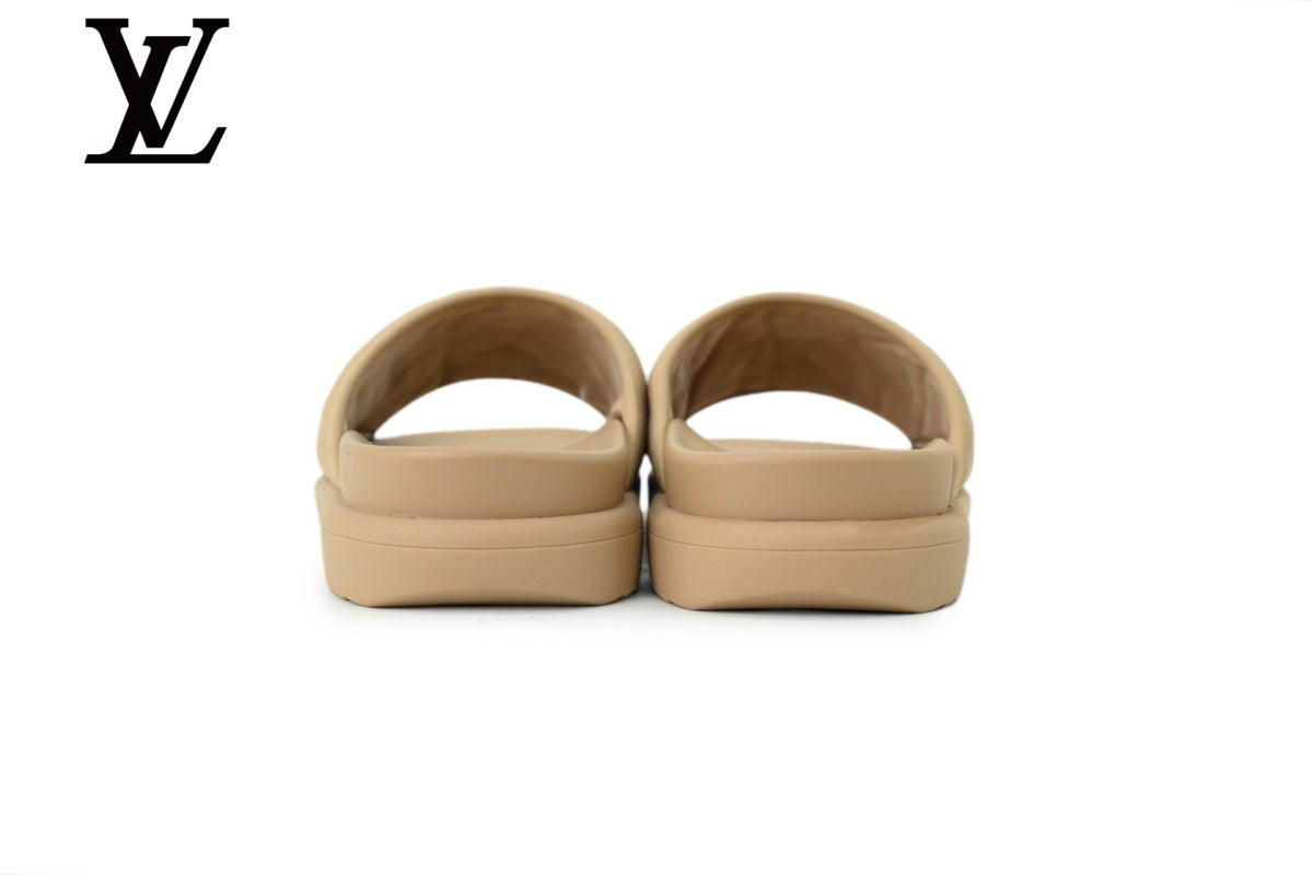 Beige Monogram-Pattern Nubuck-Look Slides | Sizes 35–46