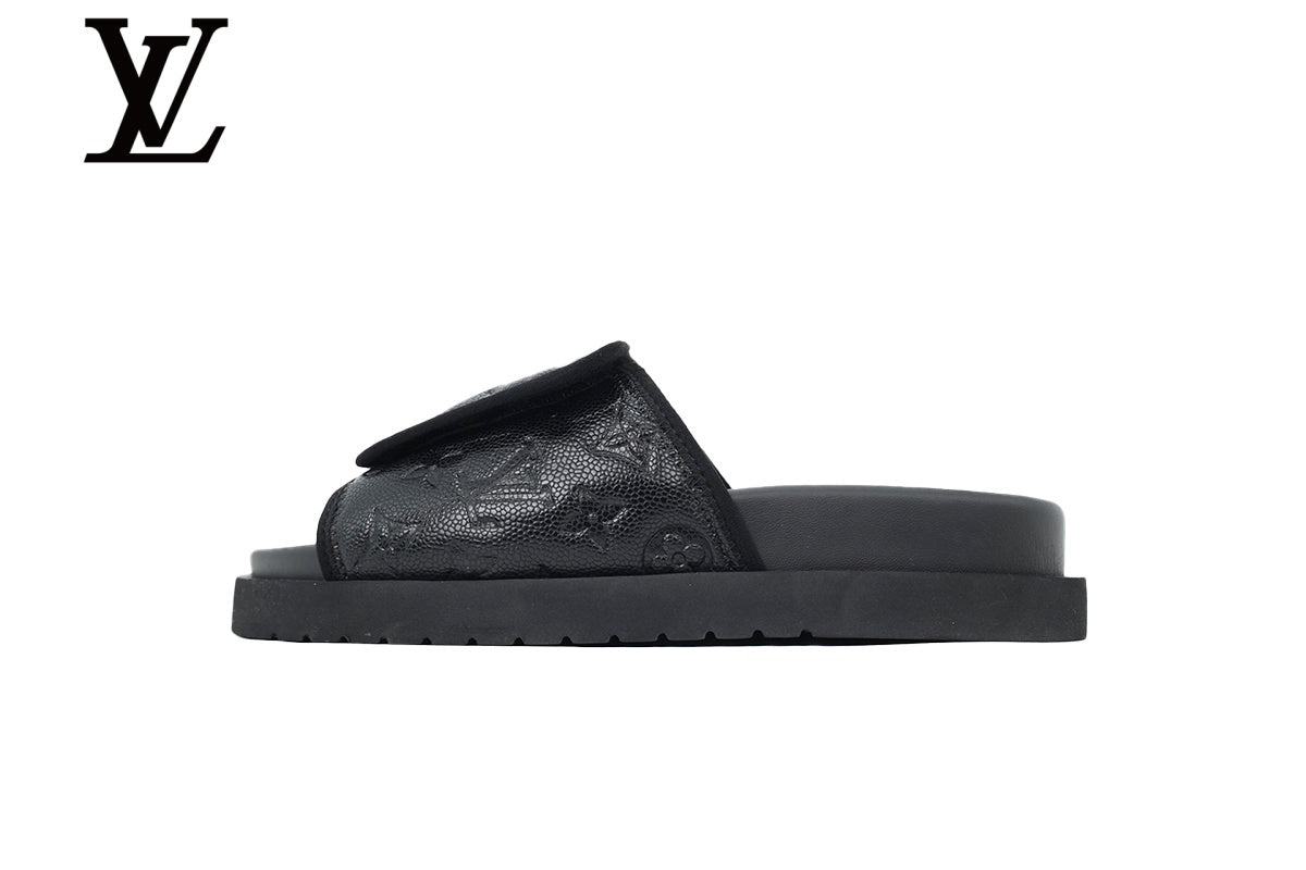 Black Monogram-Pattern Leather-Look Slides | Sizes 35–46