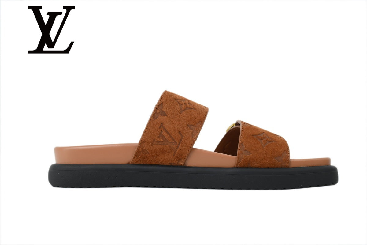 Brown Monogram-Pattern Double-Buckle Slide Sandals | Sizes 38–46