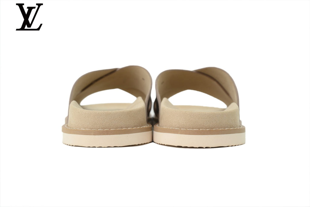 Louis Vuitton Slide Sandal in Light Grey Suede with Cross Strap