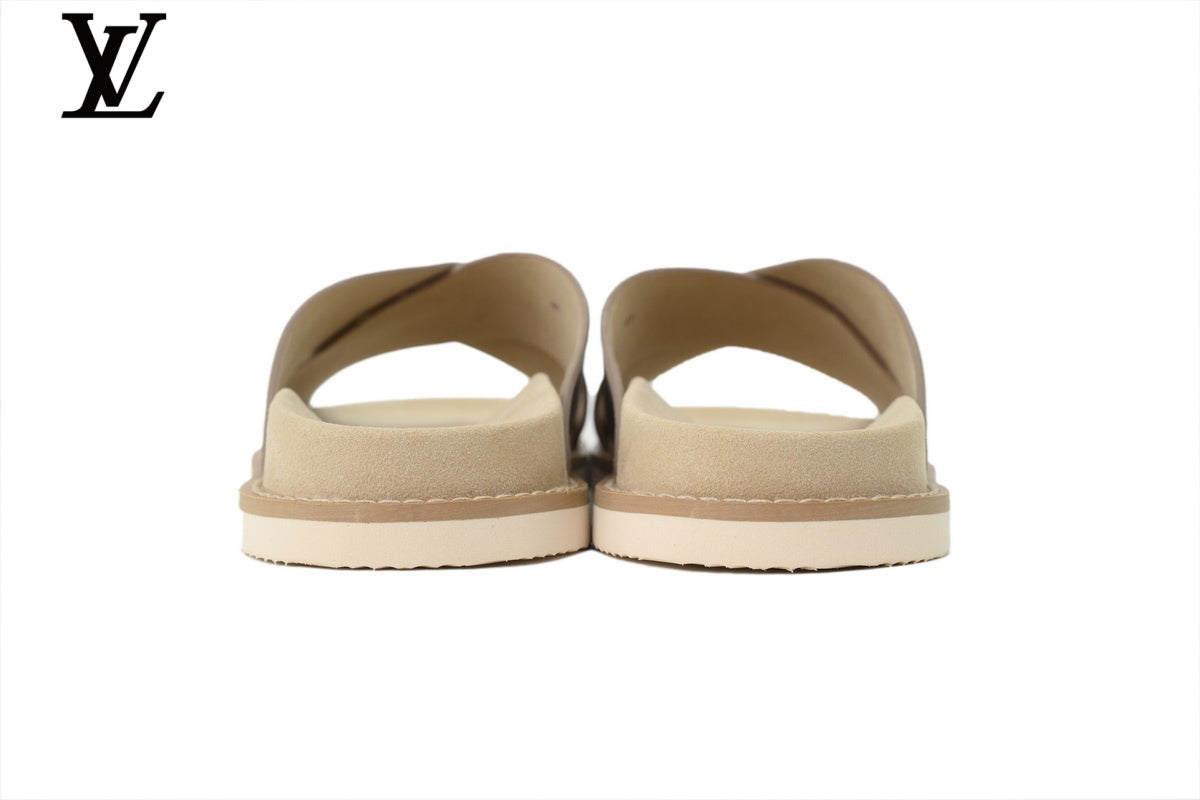 Louis Vuitton Slide Sandal in Light Grey Suede with Cross Strap