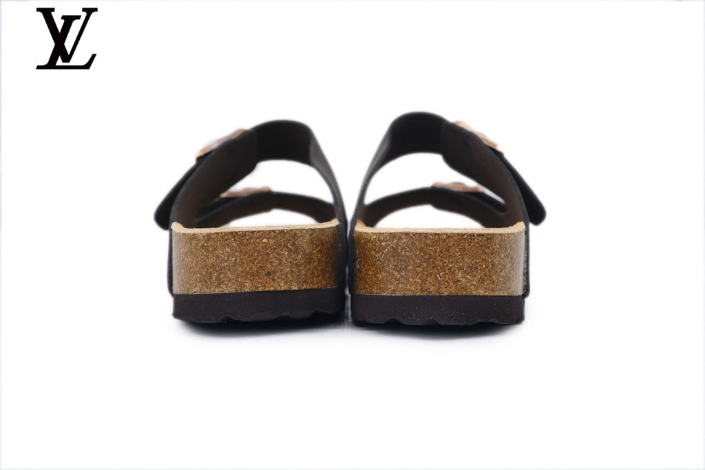 Birkenstock Slide Sandal in Dark Grey with Double Buckle and Cork Footbed