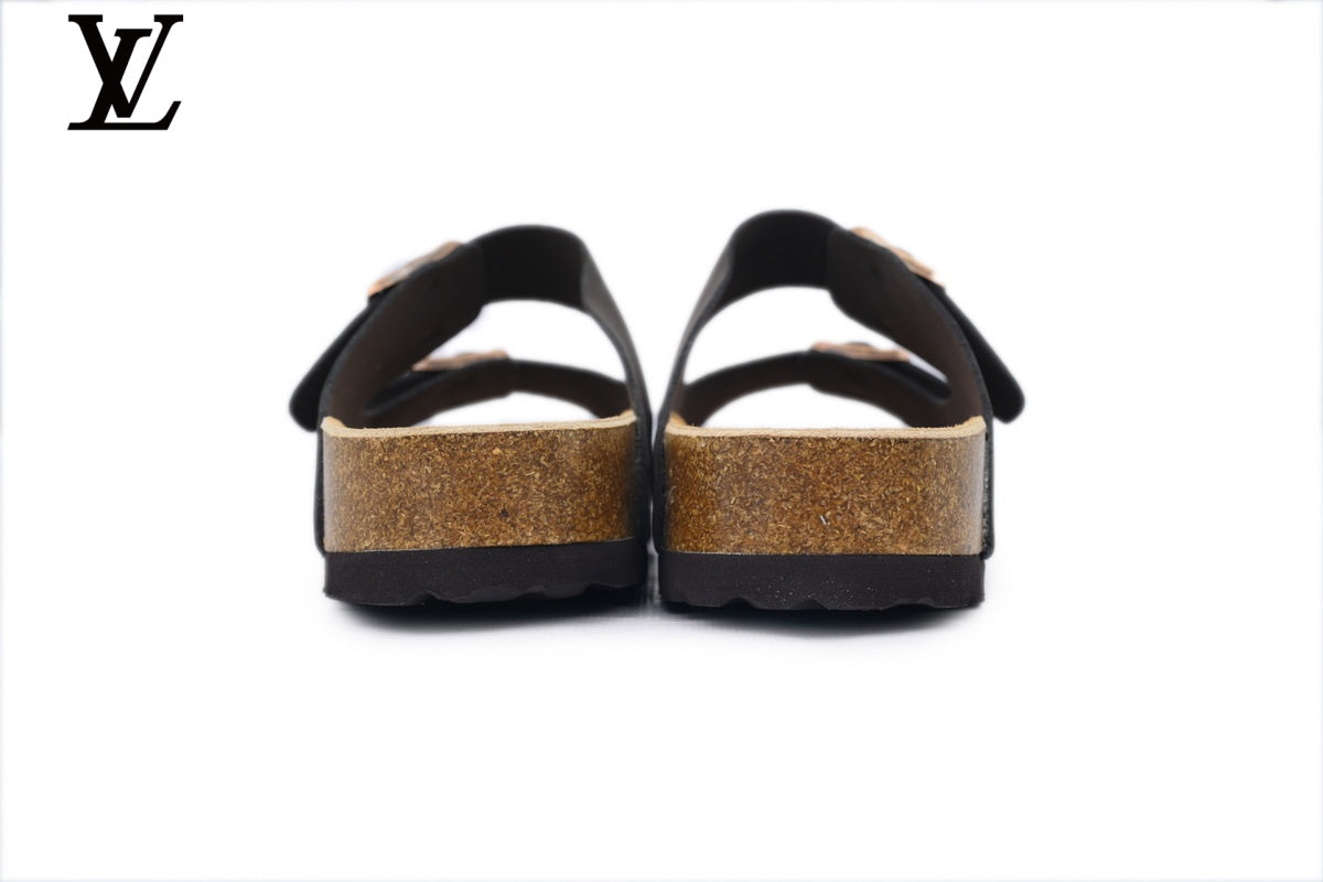 Birkenstock Slide Sandal in Dark Grey with Double Buckle and Cork Footbed