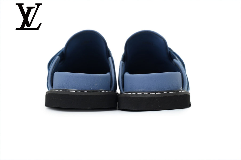 Blue Monogram-Pattern Denim Mules | Sizes 35–46