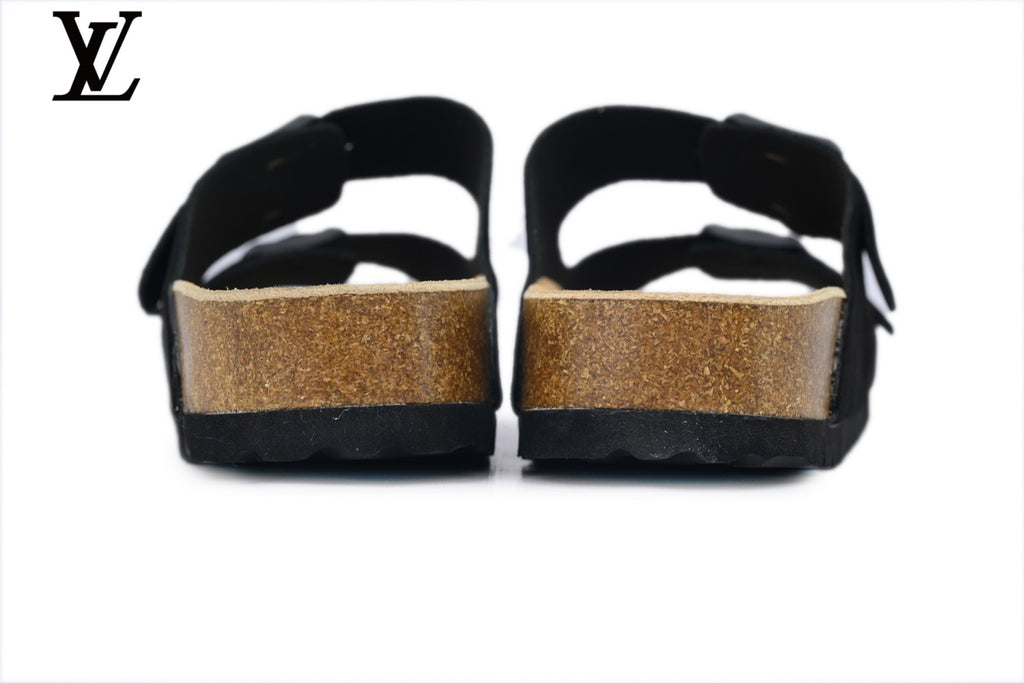 Birkenstock Slide Sandal in Black Suede with Double Buckle and Cork Footbed
