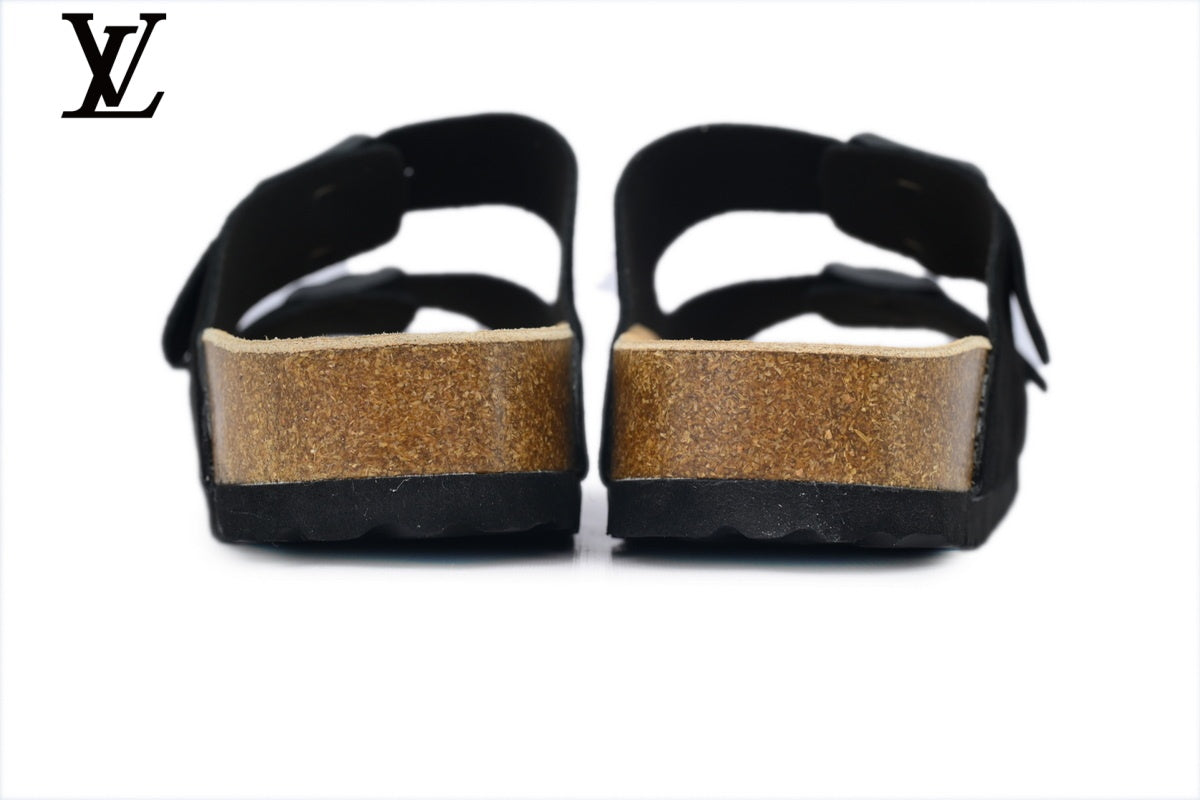 Birkenstock Slide Sandal in Black Suede with Double Buckle and Cork Footbed