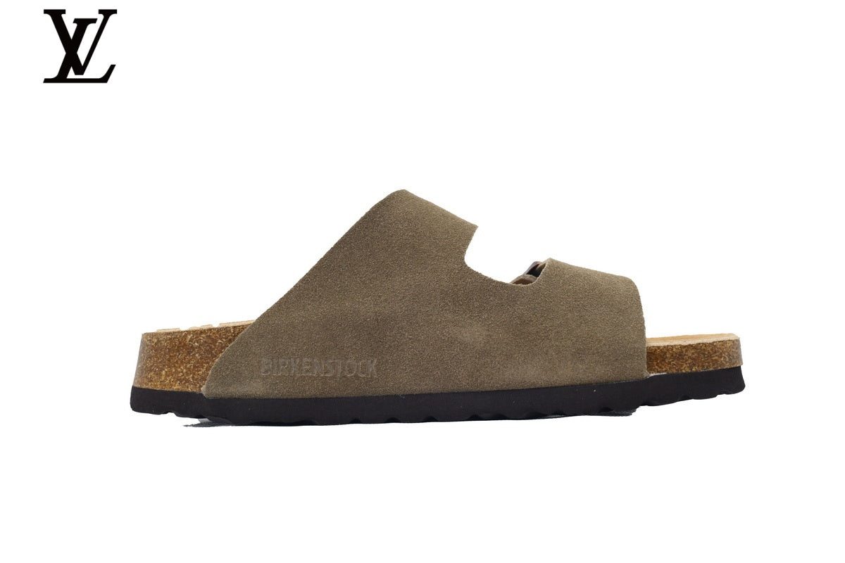 Birkenstock Slide Sandal in Olive Green Suede with Double Buckle and Cork Footbed