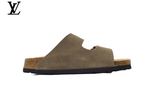 Birkenstock Slide Sandal in Olive Green Suede with Double Buckle and Cork Footbed