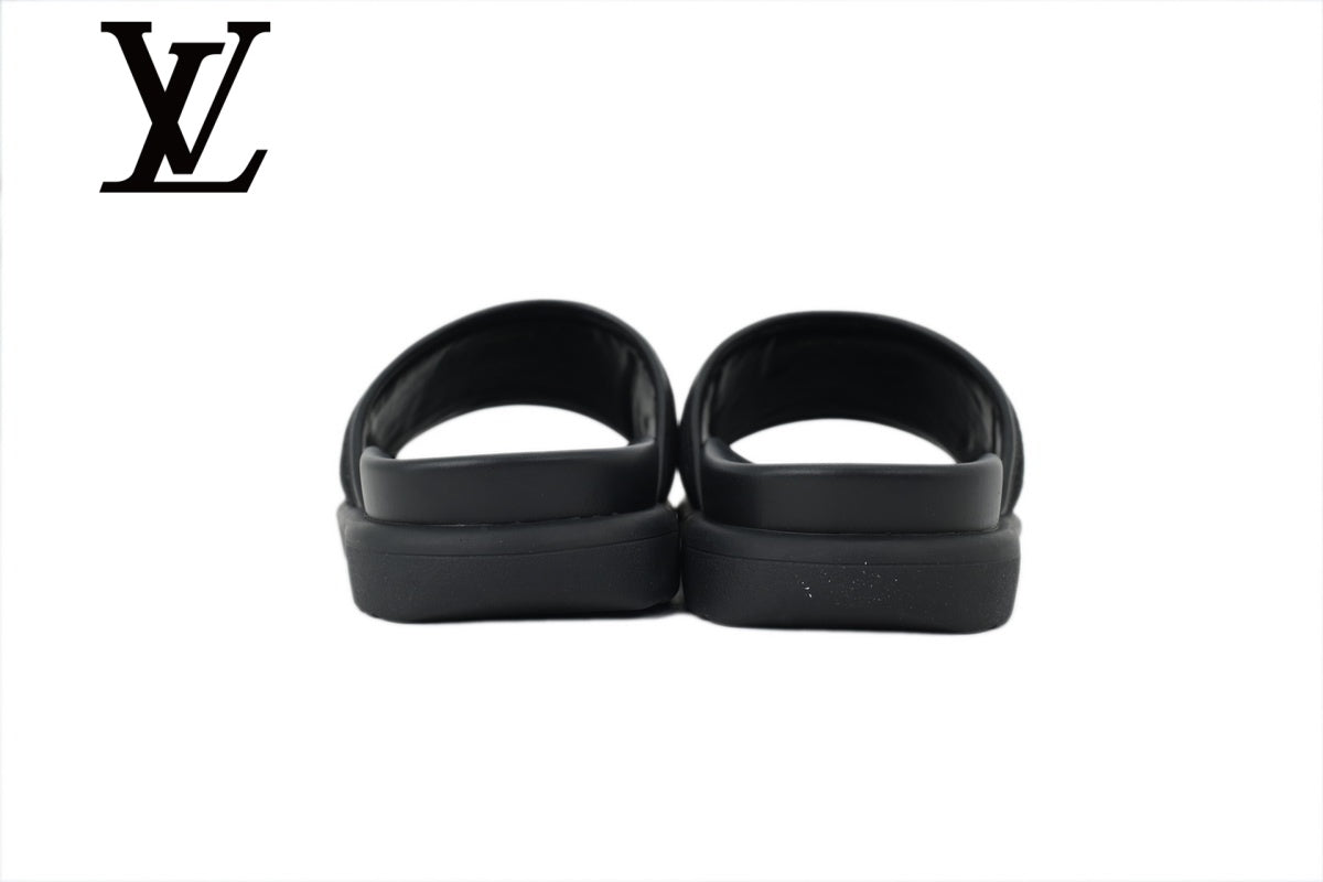 Black Monogram-Pattern Denim-Look Slide Sandals | Sizes 38–46