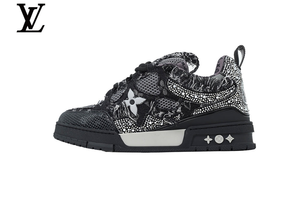Louis Vuitton Trainer Sneaker – Black Mesh with Rhinestone Embellishment