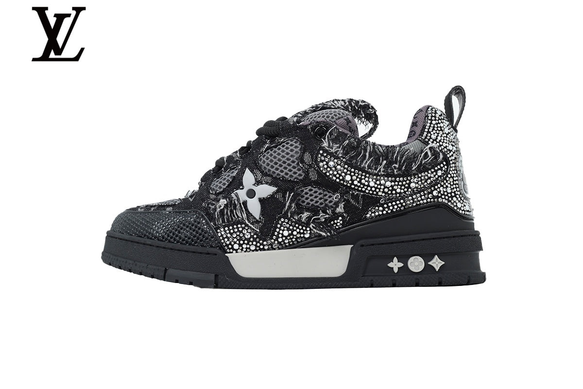 Louis Vuitton Trainer Sneaker – Black Mesh with Rhinestone Embellishment