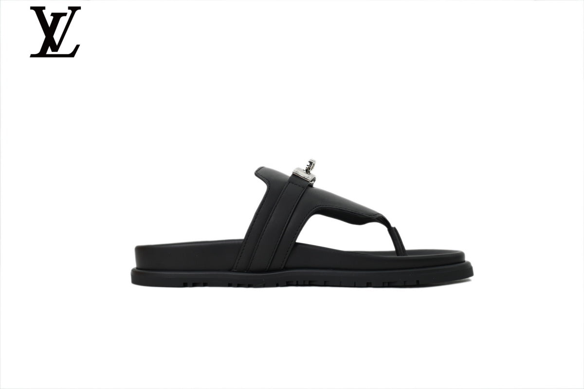 Louis Vuitton Flip Flop Sandal in Black with Metal Buckle