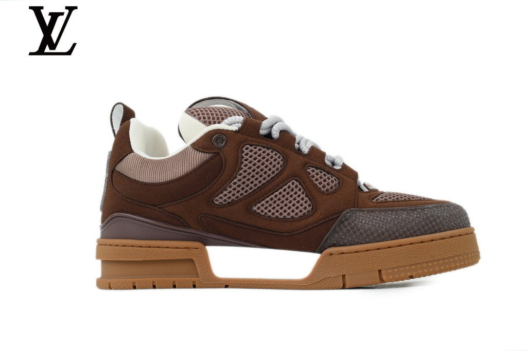 Louis Vuitton Trainer Sneaker – Brown Suede & Mesh with White & Gum Sole