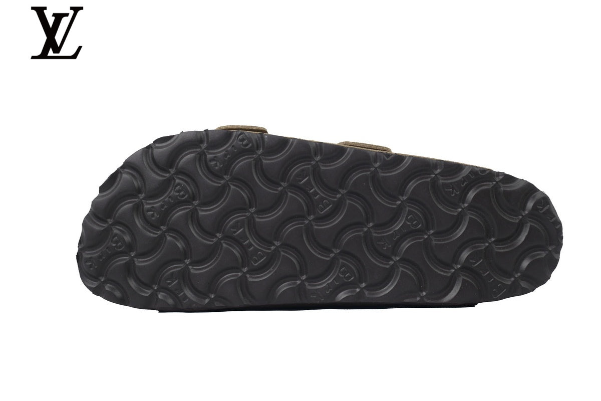 Birkenstock Slide Sandal in Olive Green Suede with Double Buckle and Cork Footbed