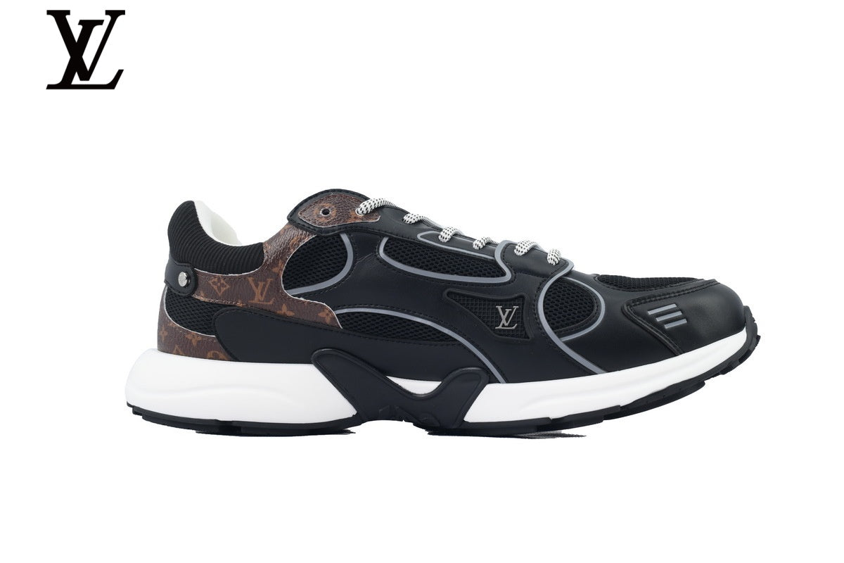 Louis Vuitton Low Top Sneaker – Black Mesh & Leather with Monogram Panel & White Outsole