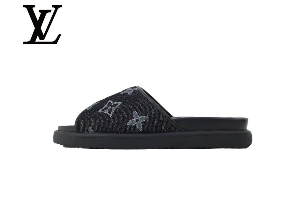 Louis Vuitton Black Ostrich Print Slide Sandals