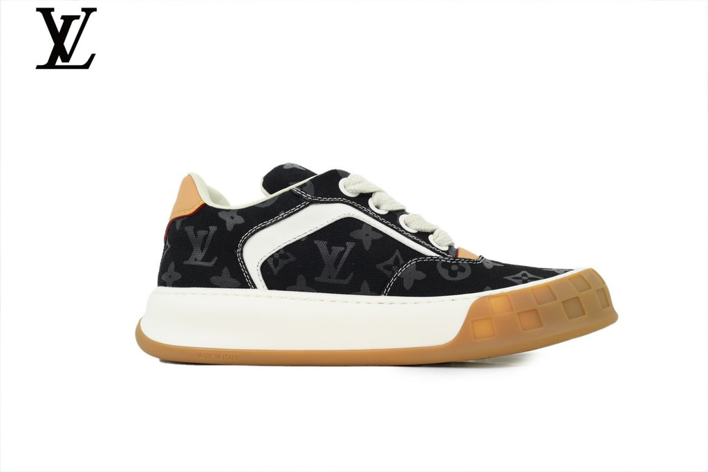 Louis Vuitton Low Top Sneaker in Black Monogram Canvas with White Leather Trim and Gum Sole