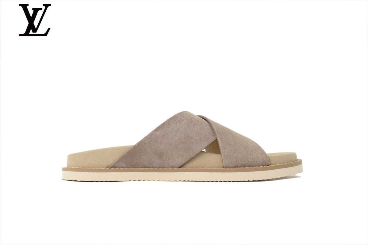 Louis Vuitton Slide Sandal in Light Grey Suede with Cross Strap