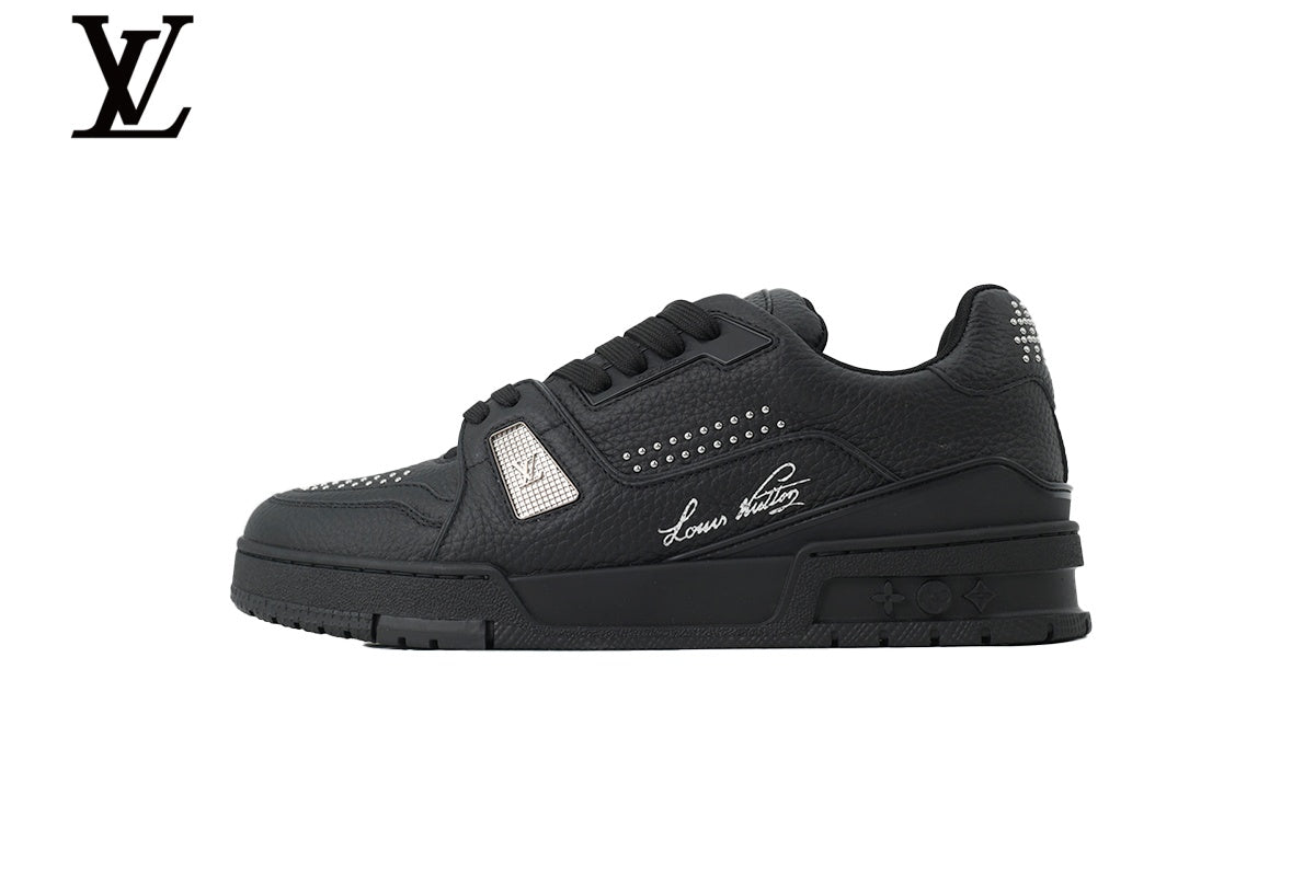 Louis Vuitton Trainer Sneaker – All-Black Leather with Rhinestone Embellishment