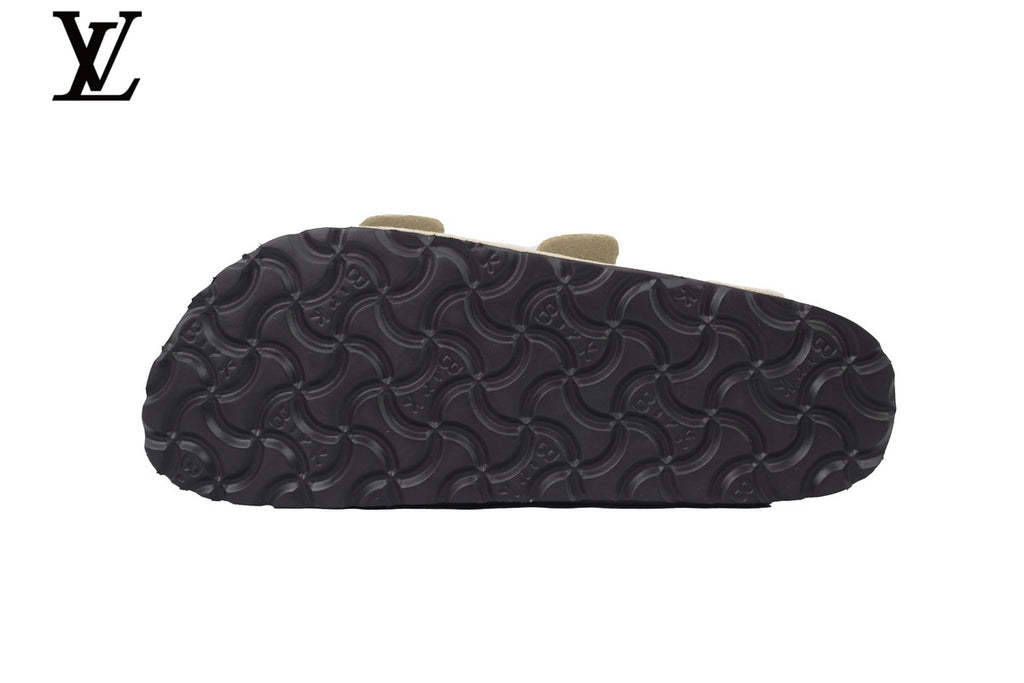 Birkenstock Slide Sandal in Off-White Suede with Double Buckle and Cork Footbed