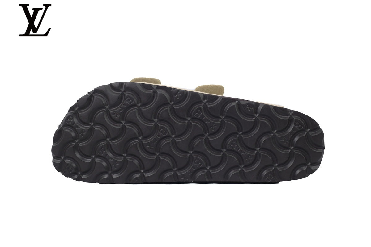 Birkenstock Slide Sandal in Off-White Suede with Double Buckle and Cork Footbed