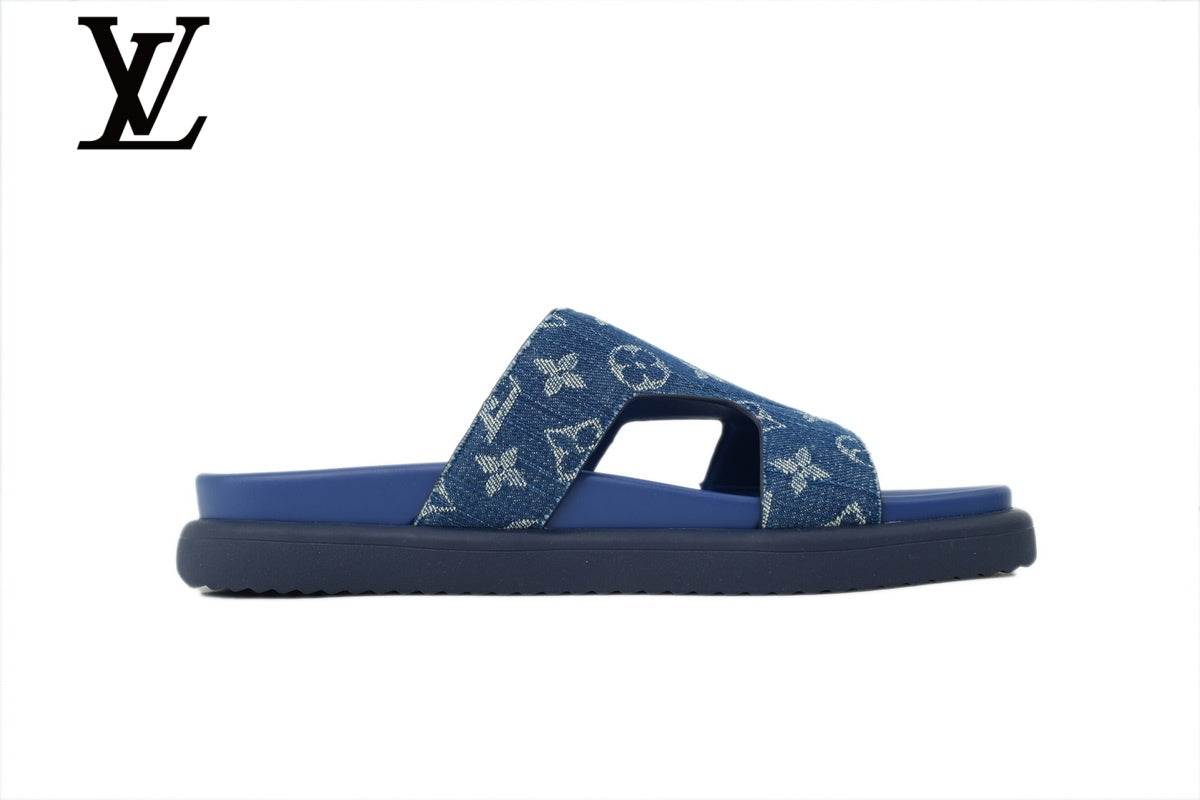 Blue Monogram-Pattern Denim-Look Slides | Sizes 35–46